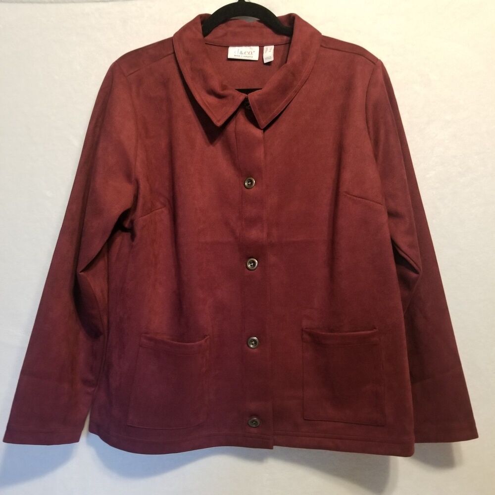 D&Co L Top Jacket Faux Suede Button Front Pockets Burgundy Shacket Transitional